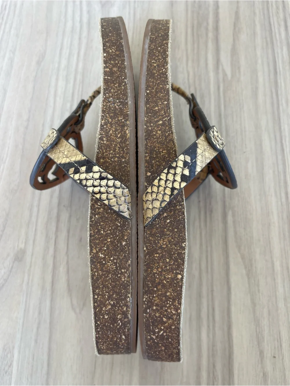 Tory Burch Brown and Black Snakeskin Logo Thong Sandals